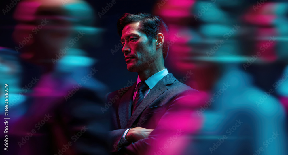 Fototapeta premium Calm Asian business executive centered amid fast-moving team with bold pink magenta and blue neon motion-blur against dark dramatic scene