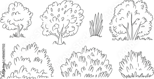 Hand Drawn Bush and Tree Sketch Icon Set Nature Shrubs Foliage Outline Line Art Vector Illustration