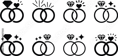 Wedding Ring Silhouette Icon Set Engagement Diamond Rings Marriage Symbols Vector Illustration