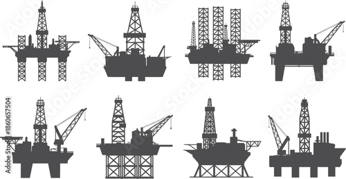 Offshore Oil Rig Silhouette Icon Set Drilling Platforms Energy Industry Collection Vector Illustration