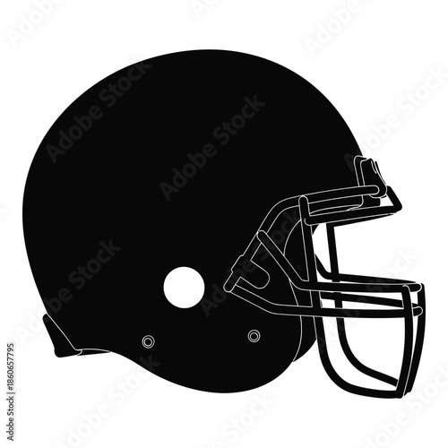 A black and white silhouette of an american football helmet is shown