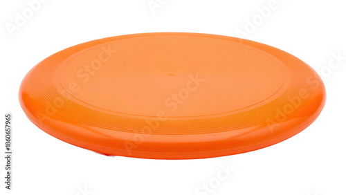 Bright orange plastic frisbee disc lying flat, cut out, stock png, isolated on transparent background