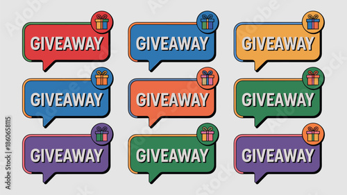 Nine Colorful Giveaway Speech Bubbles with Gift Icons and Outline Borders Keywords: giveaway, prize, contest, competition, free, win, gift, present, reward, promotion, offer, announcement