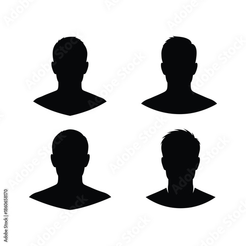 Four black silhouettes of human heads and shoulders against a white background