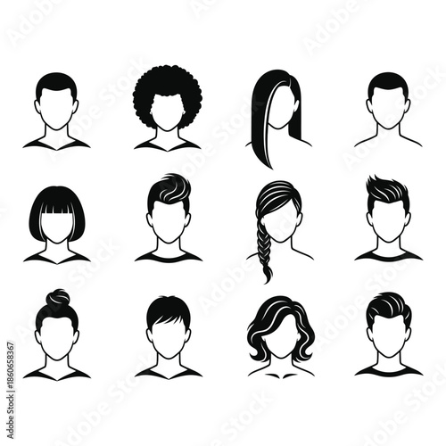 Diverse collection of black and white human head silhouettes with varied hairstyles