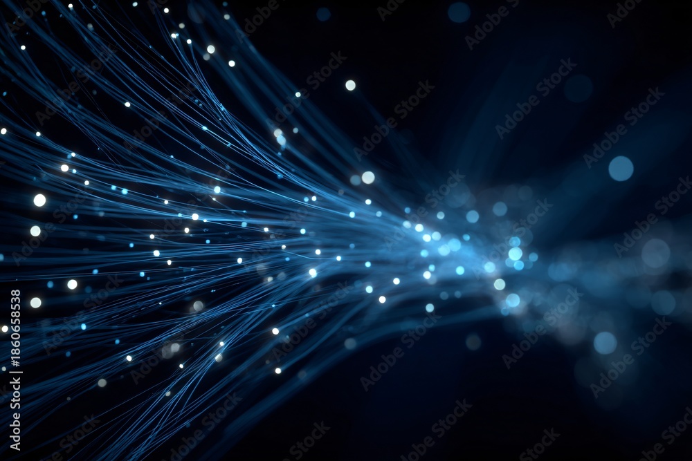 Obraz premium A mesmerizing abstract background featuring flowing blue light strands and glowing particles.