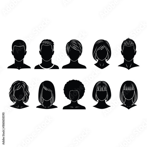 Diverse group of anonymous profile silhouettes with varying hairstyles