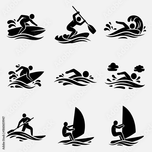 Water sports enthusiasts engaging in various activities on the waves from a dynamic perspective