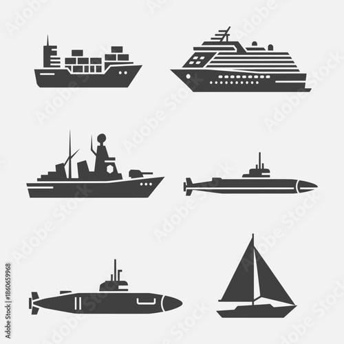 Various maritime vessels depicted in a simple, graphic illustration style, showcasing diverse sea transportation modes.