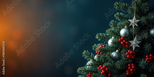 A Christmas tree decorated with silver ornaments and red berries on a dark background with warm lighting on the left side