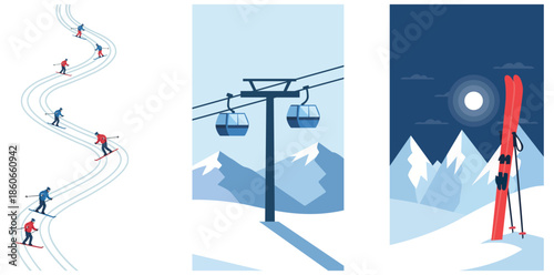 Collection of Winter Ski Resort Illustrations Featuring Skiers, Gondola, and Mountain Scenery