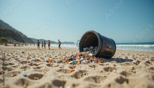 Overfilled trash can lid blown off by ocean breeze on a sunny beach, trash spilling onto sand near children playing,