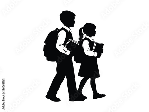 Children walking to school with backpacks and books
