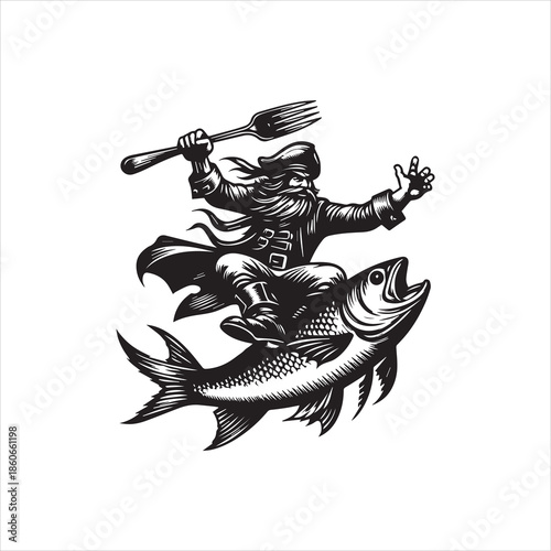 A pirate rides a large fish while holding a fork and gesturing with one hand in a black and white illustration with a playful mood against a clean white background.