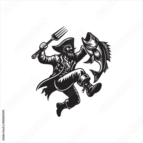 A dynamic illustration of a pirate holding a fork and a large fish, depicted in a bold, monochromatic style against a clean white background.