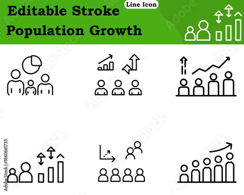 A modern population growth icon. Featuring multiple human figures combined with an upward arrow or rising graph.Designed with clean minimal lines to represent population increase demographic growth..”