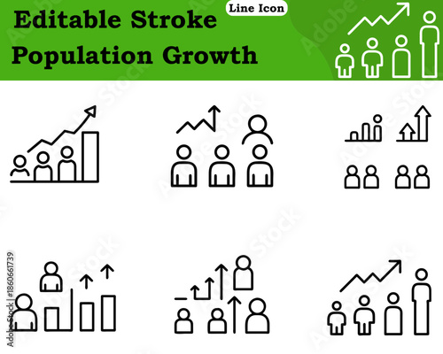 A modern population growth icon. Featuring multiple human figures combined with an upward arrow or rising graph.Designed with clean minimal lines to represent population increase demographic growth..”