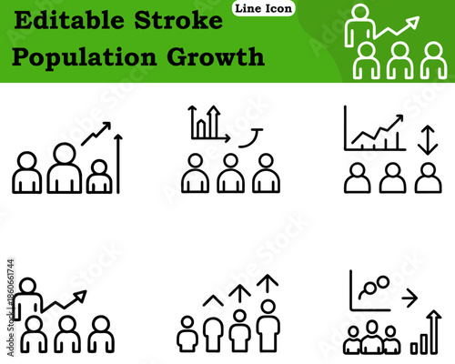 A minimalist population growth icon showing grouped human figures with an upward arrow or ascending graph. Represents demographic increase community expansion, social growth, and development trends.