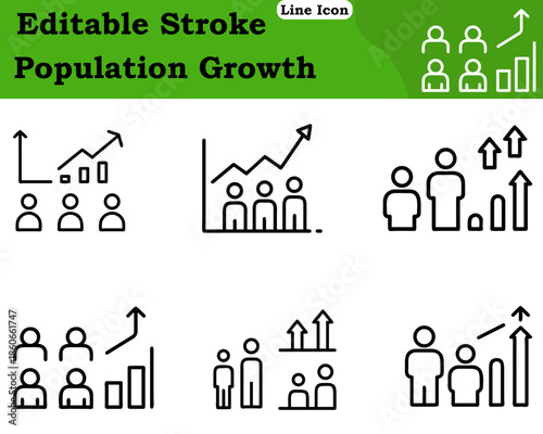 A clean population growth icon featuring a group of people combined with a rising arrow or graph. Designed with minimal modern lines to represent demographic growth, increasing population, community.