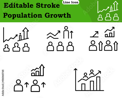 A minimalist population growth icon showing grouped human figures with an upward arrow or ascending graph. Represents demographic increase community expansion, social growth, and development trends.