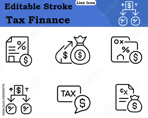 A clean tax finance icon featuring a financial document or form paired with a percentage sign currency symbol calculator. Designed with minimal modern lines to represent taxes accounting budgeting.