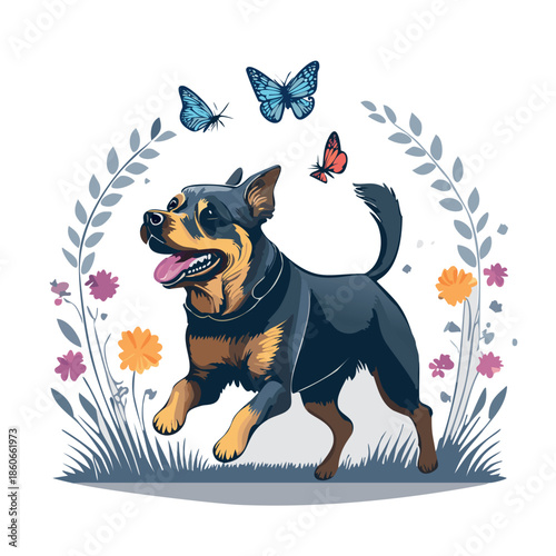vector image of an aldut Rottweiler Dog running after a butterfly on grass and flowers