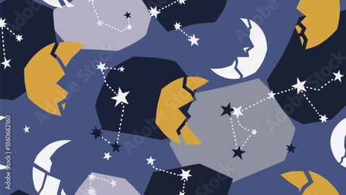 Stylized cracked crescent moon motif repeating set.