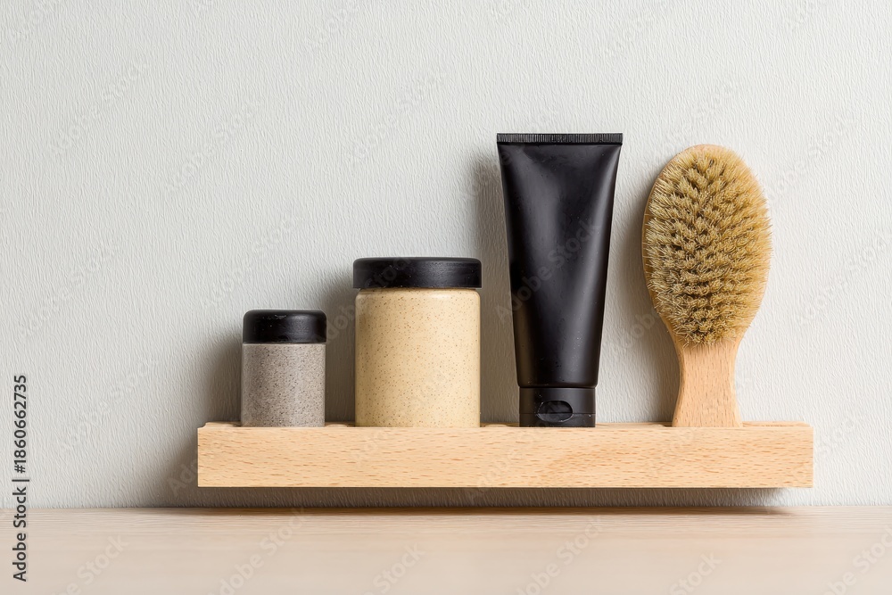 Naklejka premium Skincare and grooming items arranged on a wooden shelf against a textured wall.
