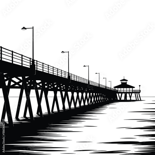 A striking black and white view of a pier extending into the ocean