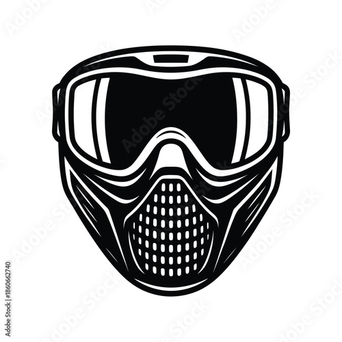 A detailed black and white illustration of a protective paintball or ski mask