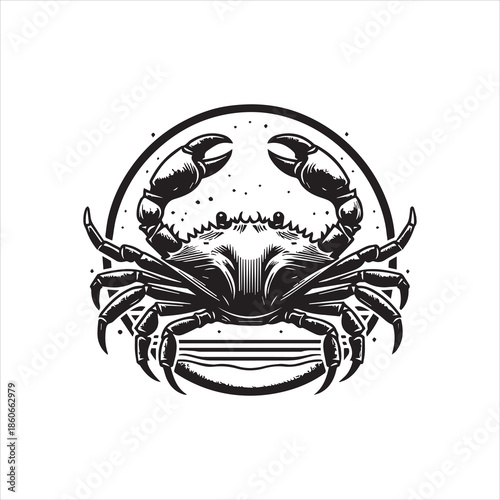 A black and white illustration of a crab wearing a face mask, surrounded by a circle with dots, on a clean white background.