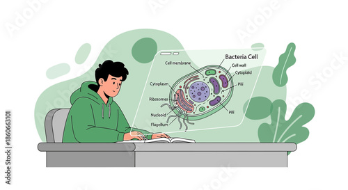 Focused student engrossed in bacterium cell study using innovative digital interface screen
