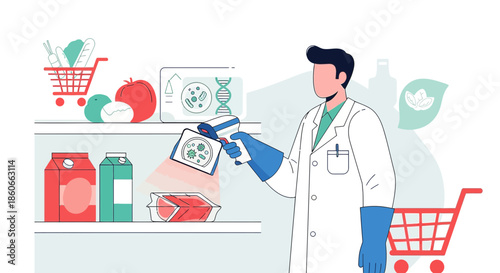 Food safety inspection in supermarket, scientist monitoring products health standards, laboratory