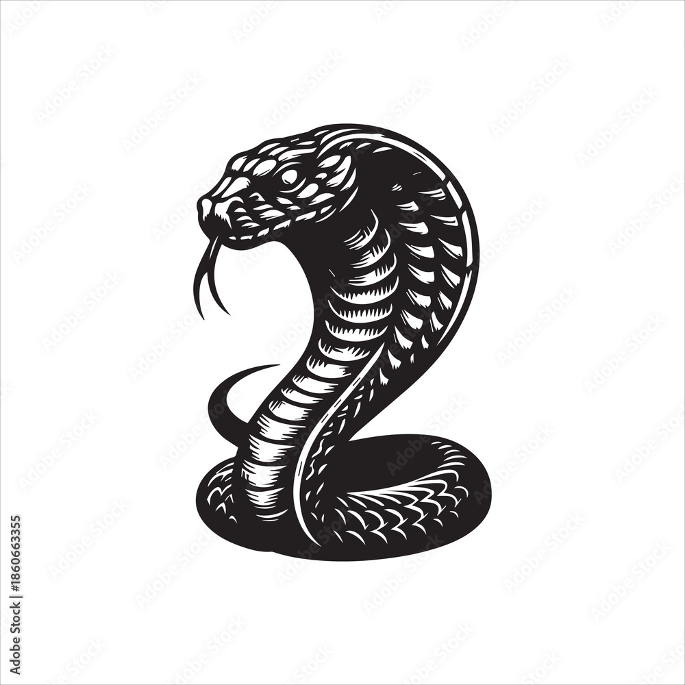 Fototapeta premium A black and white illustration of a coiled cobra with its head raised, featuring a logo-style design on a plain white background.