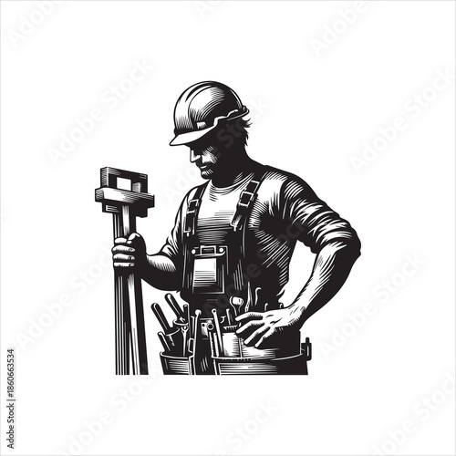 A construction worker in a hard hat and tool belt holding a large wrench, depicted in a detailed black and white illustration on a clean white background.