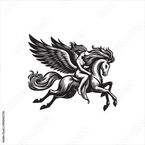 A black and white illustration of a winged horse with a flowing mane and tail, depicted in a dynamic pose against a clean white background, showcasing a stylized logo design.