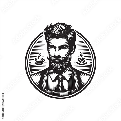A black and white illustration of a man with a beard and mustache in a circular logo with a coffee cup and plant, against a white background.