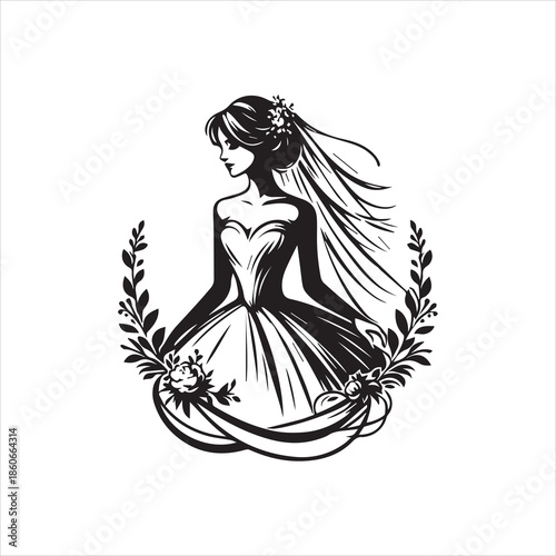 A black and white vector illustration of a woman in a wedding dress with a floral design on a clean white background.