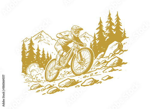Downhill Mountain Biker Sketch.Extreme Cycling Adventure Logo.Retro MTB Rider Illustration.Forest Trail Action Graphic.Gravel Bike Sport Emblem
