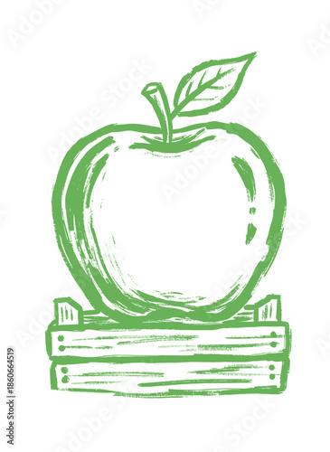 Brush stroke apple on crate logo.Grunge hand drawn fruit illustration.Green apple sketch vector.Farm harvest market emblem.Organic food label design