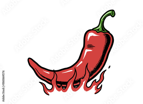Flaming Hot Chili Pepper Mascot.Retro Chili Fire Vector.Spicy Pepper Cartoon Icon.Red Hot Mascot Badge.Capsicum on Fire Illustration