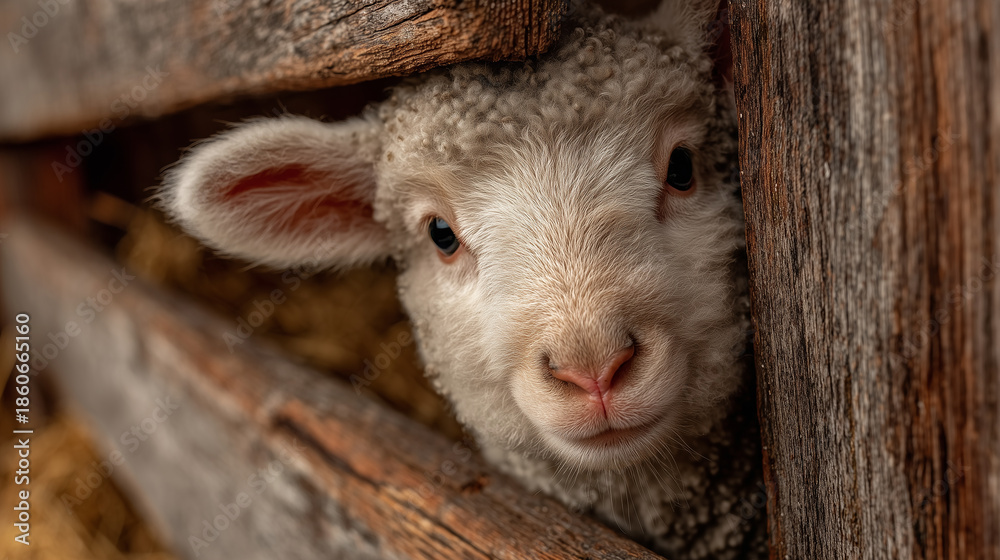 Fototapeta premium A curious lamb peeks through a weathered wooden fence, showcasing its soft wool and expressive eyes, perfectly capturing farm life charm.
