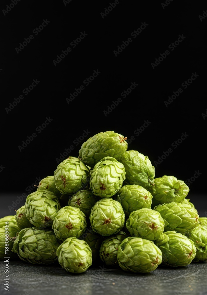 Fototapeta premium Fresh, aromatic green hop cones piled high, essential ingredients utilized in the brewing process for achieving bitter flavor, IBU, brewing process, brewing