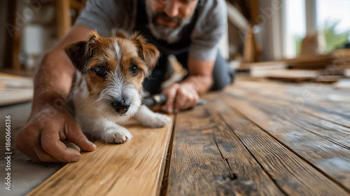 A person works on flooring installation, lovingly accompanied by a curious dog watching closely, creating a warm atmosphere of home improvement.