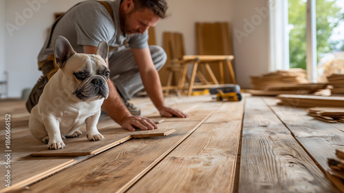 A man installs wooden flooring while his French Bulldog observes, creating a cozy atmosphere in a home renovation project.
