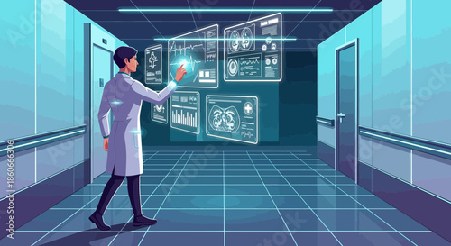 Futuristic medical professional analyzing holographic data in a hospital corridor setting