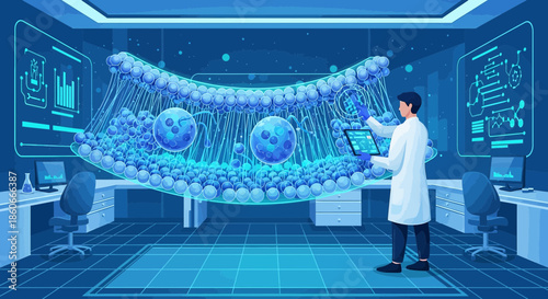 Futuristic medical research laboratory illustration with scientist analyzing molecules and data