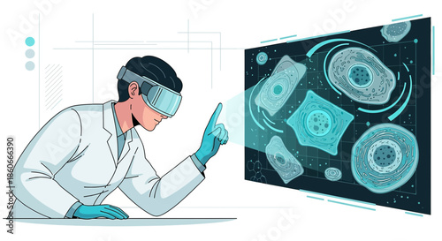 Futuristic medical research: Scientist examining cells with virtual reality technology for