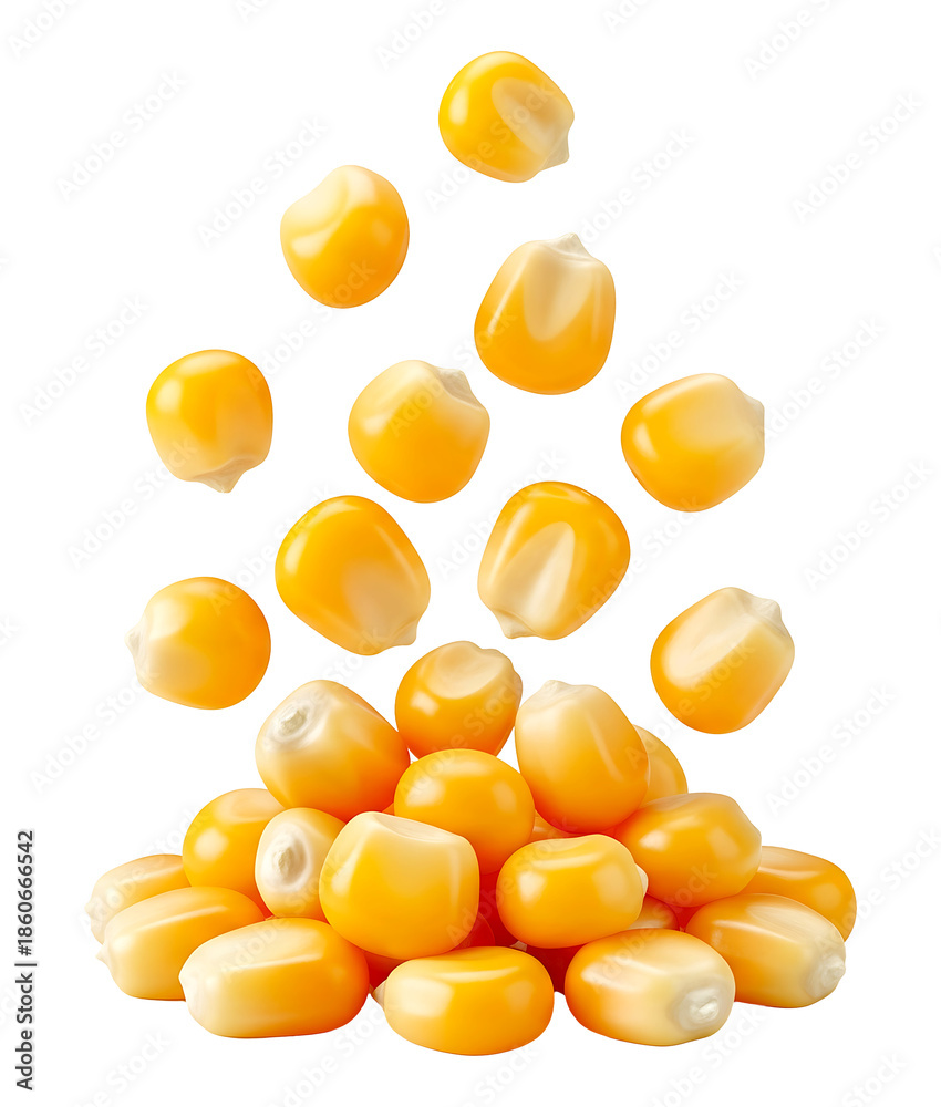 Fototapeta premium A vibrant scattering of golden corn kernels falling and piling together ideal for creating food related designs on transparent background, PNG