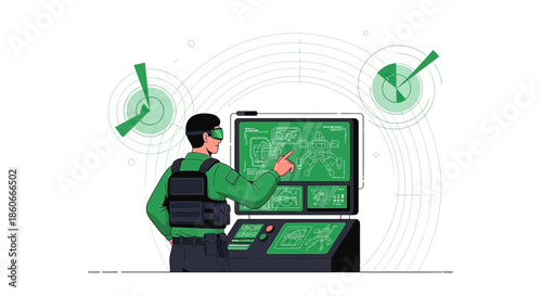 Futuristic military commander interacts with holographic interface for strategic planning mission